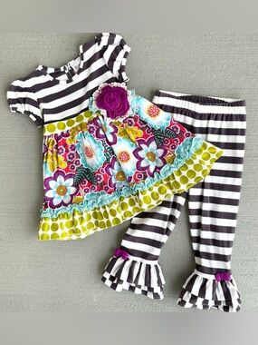 Rare, Too! 3T Girls Striped Floral Tunic & Legging Set - Gray, White, Plum, Lime